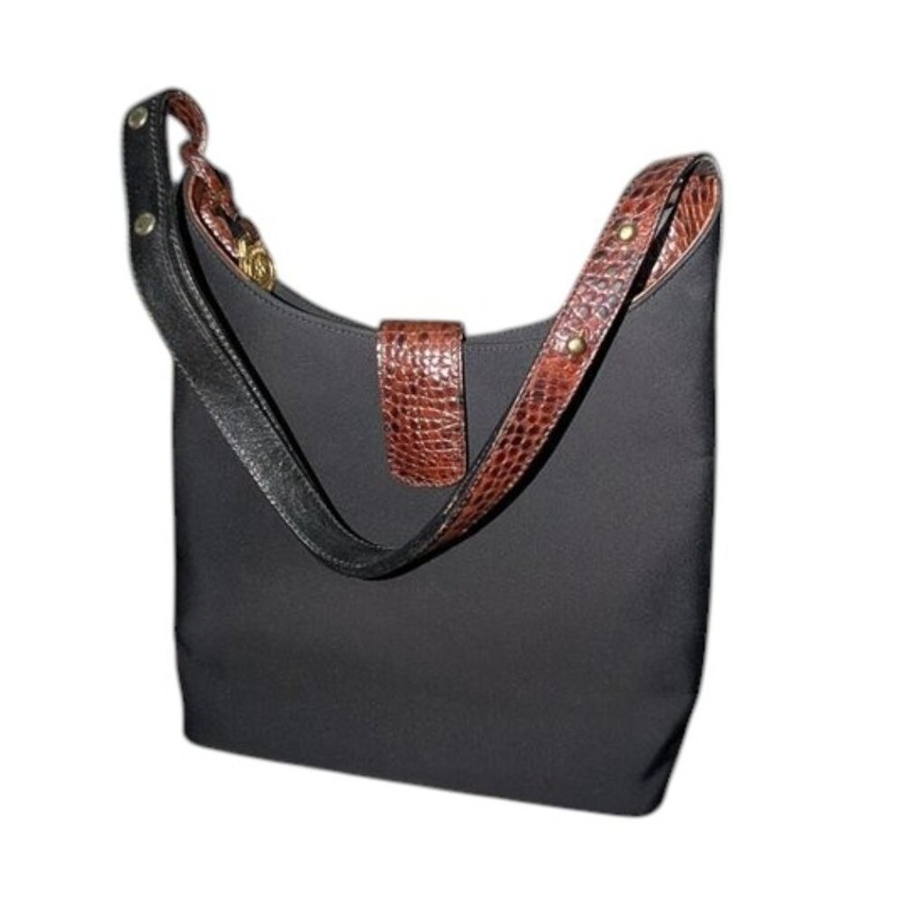 Vintage Brahmin Solid Dark Nylon Croc Style Leather Handle Accents Shoulder Bag